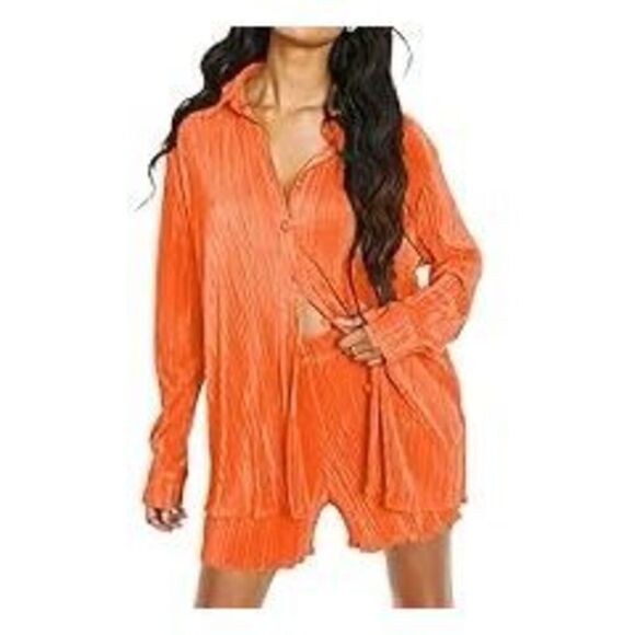 Womens Orange Long Sleeve Button Up with Matching Shorts Set Small - Picture 8 of 8